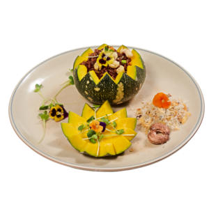 Com-lut-hat-sen-om-bi-do-Baked-pumpkin-with-brown-rice-and-lotus Chay