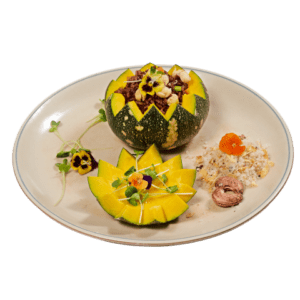 Cơm lứt hạt sen om bí đỏ -Baked pumpkin with brown rice and lotus Nhà hàng chay Vì Quẻ Kitchen