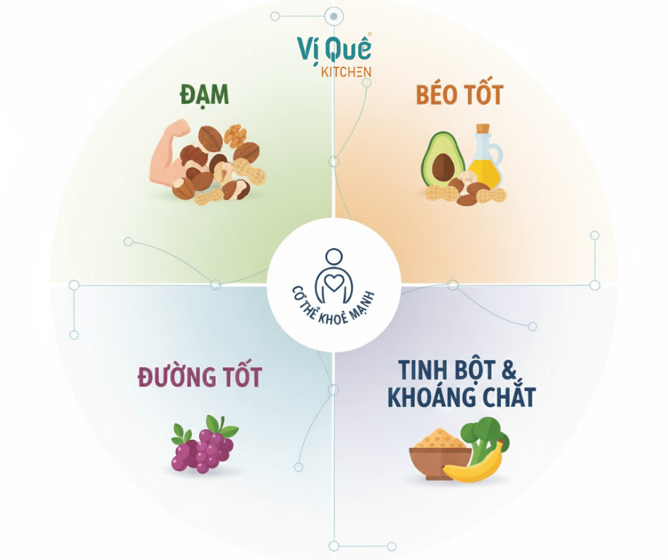 Sơ đồ 4 nhóm chất dinh dưỡng thiết yếu cho cơ thể khỏe mạnh, bao gồm Đạm, Béo tốt, Đường tốt, và Tinh bột & Khoáng chất.