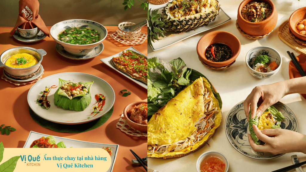 Mâm cơm chay thịnh soạn tại Vị Quê Kitchen, thể hiện sự đa dạng của ẩm thực Việt Nam